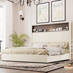Merax Queen Size Velvet Bed Frame with 52'' High Headboard, USB Charging Port and Night Light, Soft Tufted Upholstered & Rivet Decoration, Wing-Back Platform Bed, Beige