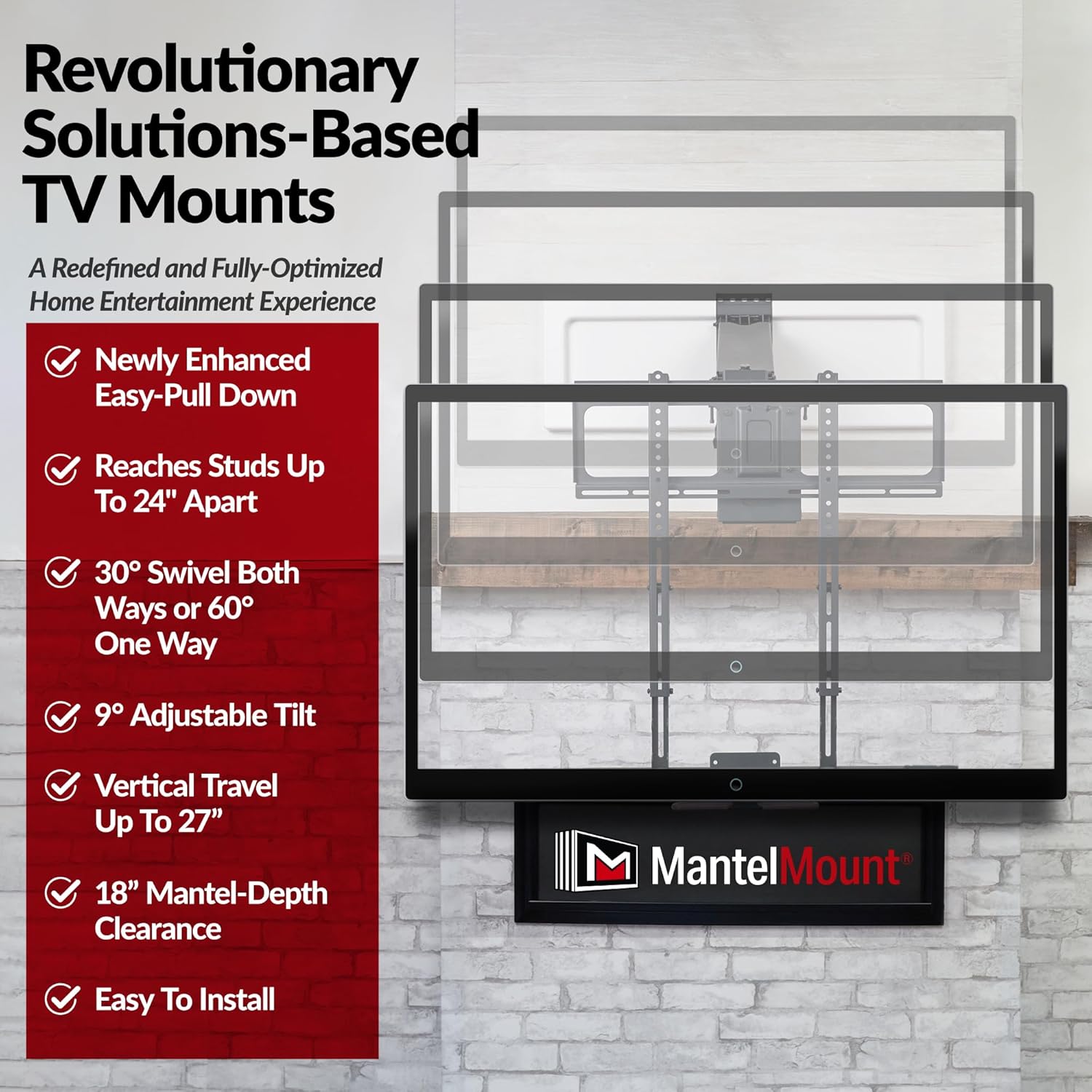 MantelMount MM540 - Above Fireplace Pull Down TV Mount for 44" to 80" Screen TVs to 90 lbs  with Patented auto-straightening  Adjustable Stops  Heat Sensor Handles & Paintable Covers