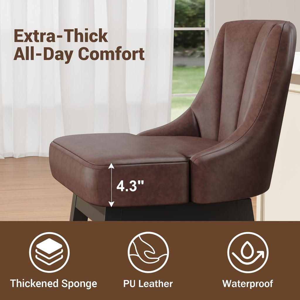 Swivel Bar Stools with Backs, 26" Counter Height Bar Stools Set of 4, Modern Leather Extra Upholstered Counter Barstools with Square Solid Wood Legs for Kitchen Island, Dining Room, Brown