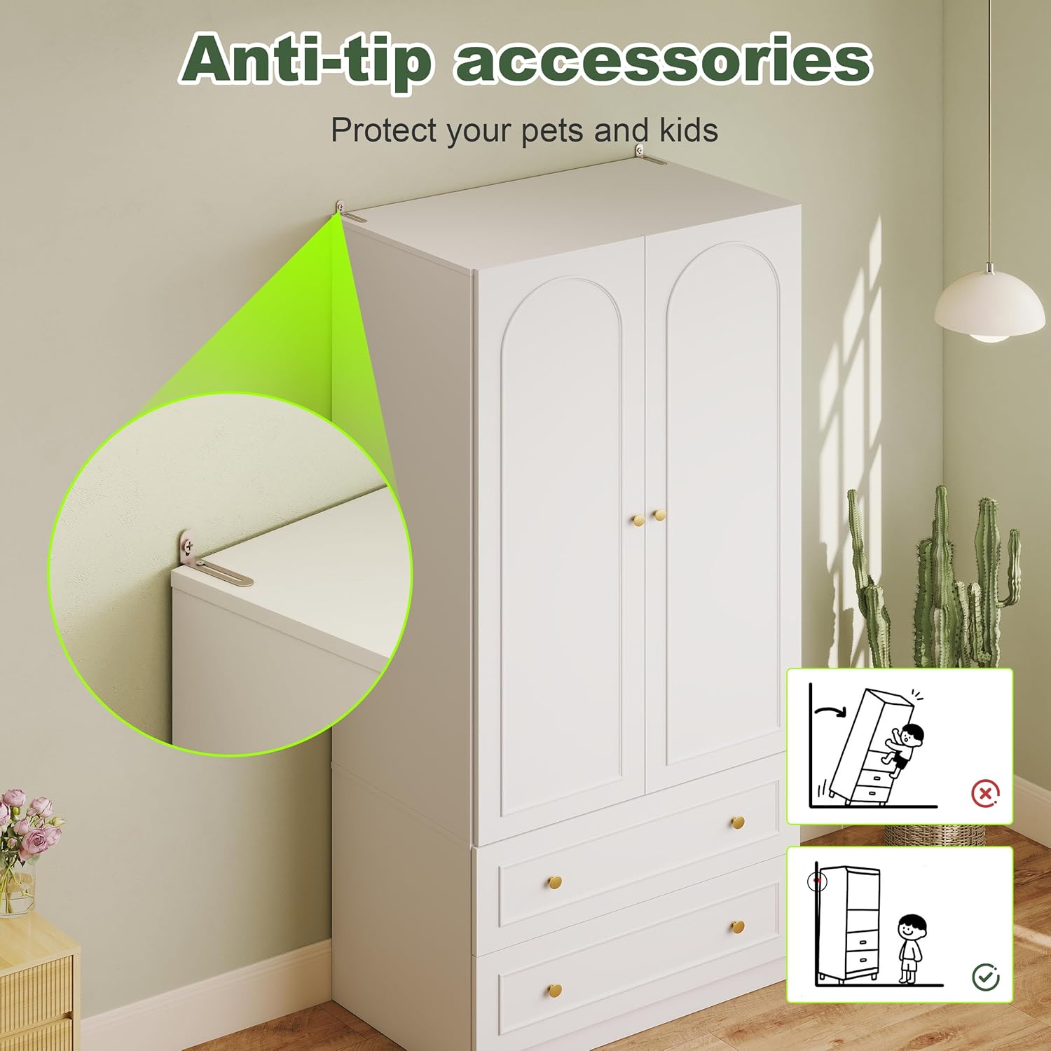 GOODONE Wooden Armoire Wardrobe Closet - 71" Tall Bedroom Armoires with 2 Doors and 2 Drawers, Modern Wardrobe Cabinet with Removable Hanging Rod, White