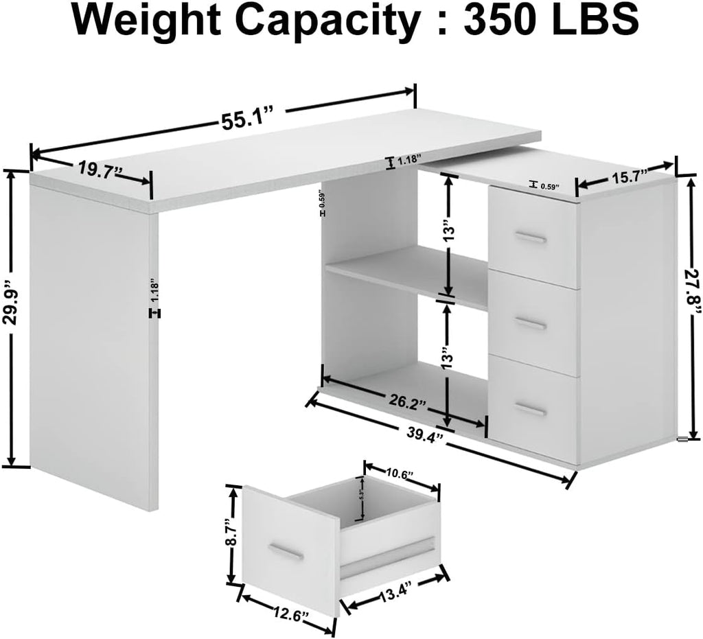 HSH White L Shaped Desk with Drawers Shelves, 360 Rotating Office Computer Desk with Storage Cabinet, Corner Home Office Desk Computer Table .55 Inch