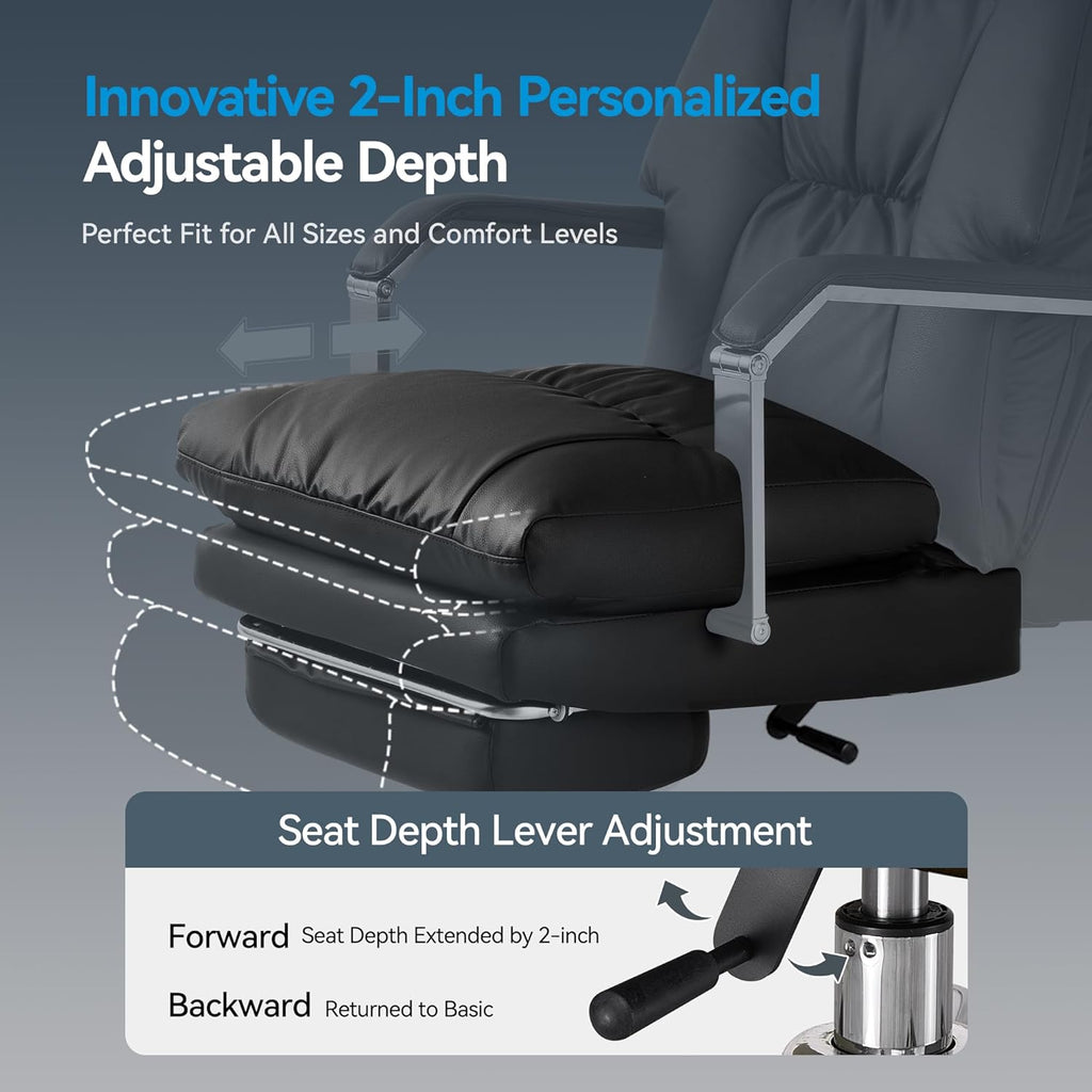 M76 160° Reclining Office Chair with Footrest, 10" Thick Cloud Cushion Executive Desk Chair, Extra Wide Cross-Legged Ergonomic Chair for Big and Tall, Adjustable Seat Depth, Easy Assembly, Black