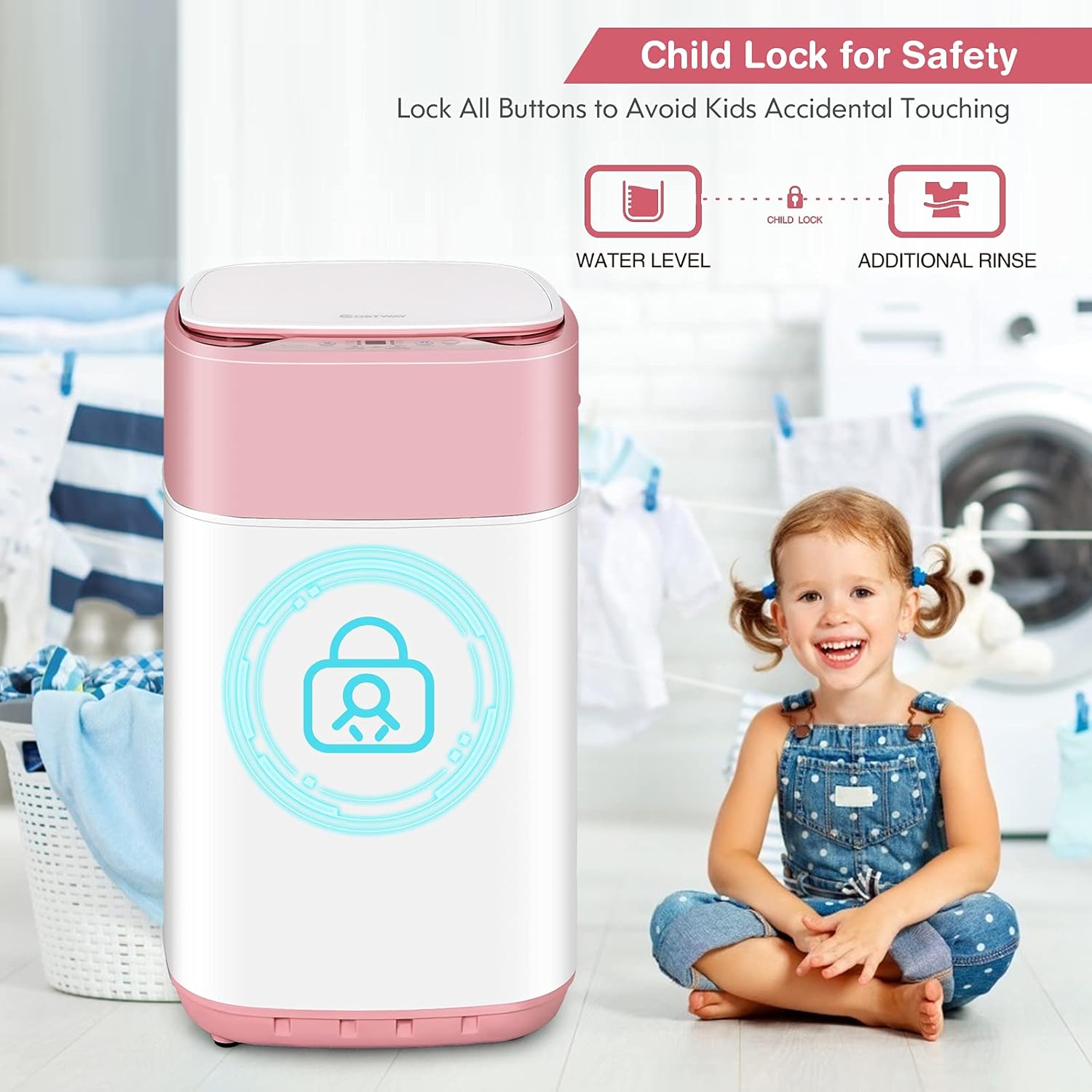COSTWAY Portable Washing Machine, 8 Lbs Capacity, Built-in Drain Pump, Compact Laundry Washer with 6 Programs, 6 Water Levels, Child Lock, Full-Automatic washer for RV, Dorm, Apartment, Pink