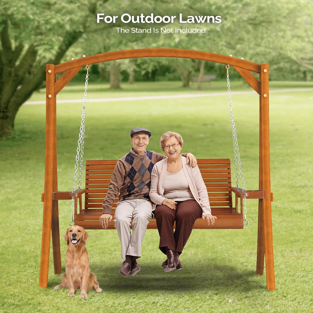 VINGLI XL Size Patio Wooden Porch Swing Outdoor with Cup Holders & Phone Slots  Heavy Duty 880 LBS Hanging Swing Chair Bench with Hanging Chains for Yard  Lawn  Garden (5 FT Pro  Brown)