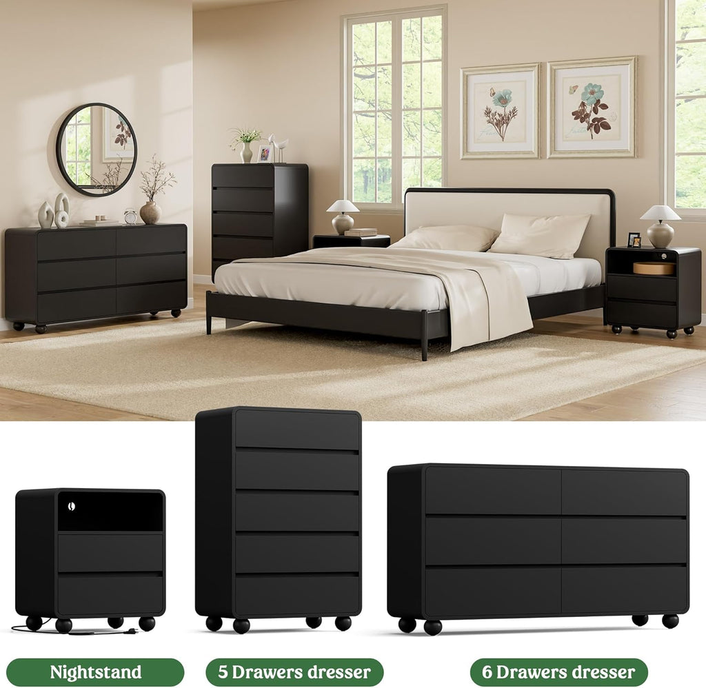 Lulive Wood Dresser for Bedroom, 53” Wide Chest of Drawers with 6 Drawers, Modern Closet Storage Drawer with Curved Profile Design for Living Room, Hallway, Entryway, Black