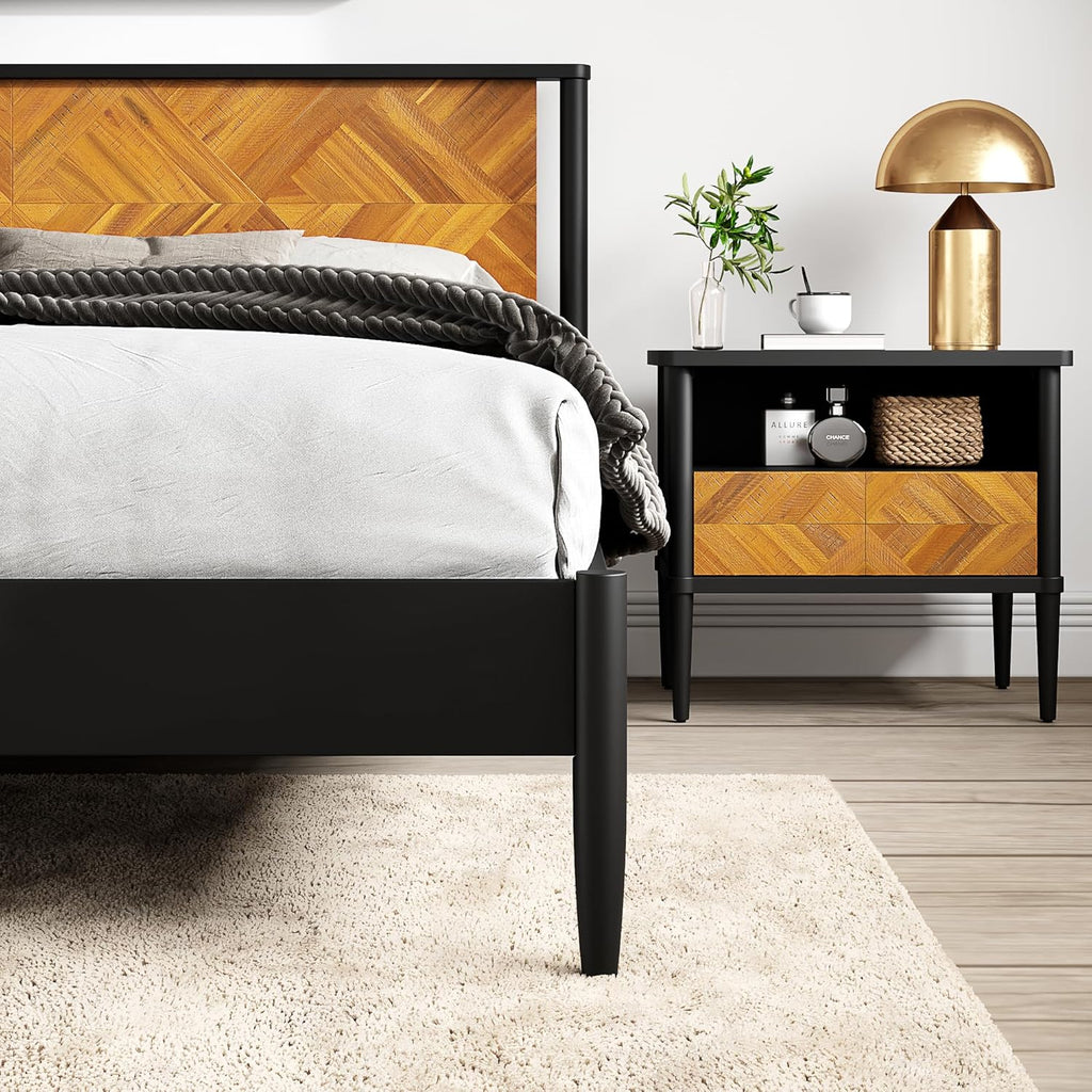 14 Inch Premium Solid Wood Bed Frame with Headboard, Rustic Farmhouse Style Platform Bed Made of 100% Solid Acacia Wood, No Box Spring Needed, King Size, Rustic Golden Brown (Lenia Collection)