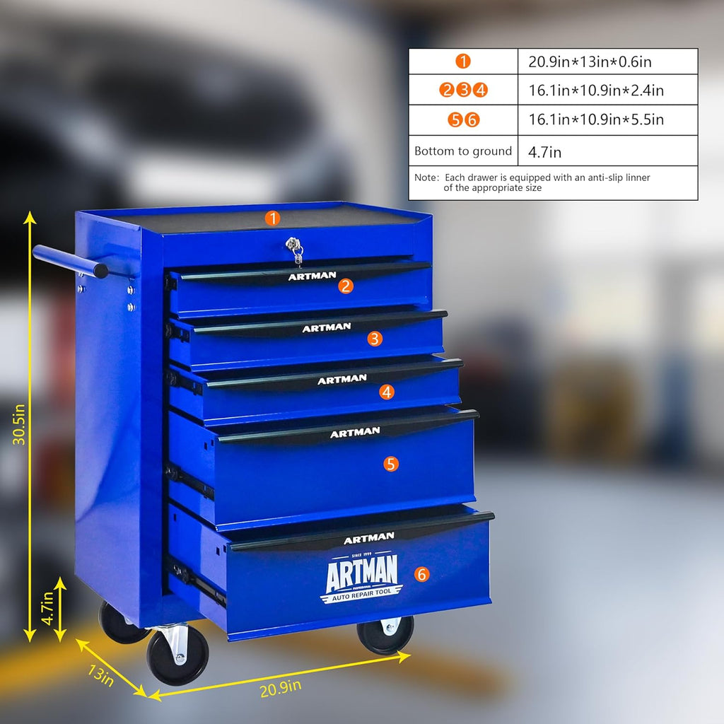 RYH 5 Drawers Rolling Tool Chest - 13" D x 20.9" W x 30.5" H Heavy Duty Mobile Tool Cart with Locking Wheels & Ball Bearing Drawers, Garage Tool Storage Cabinet (Blue, 5 Drawers)