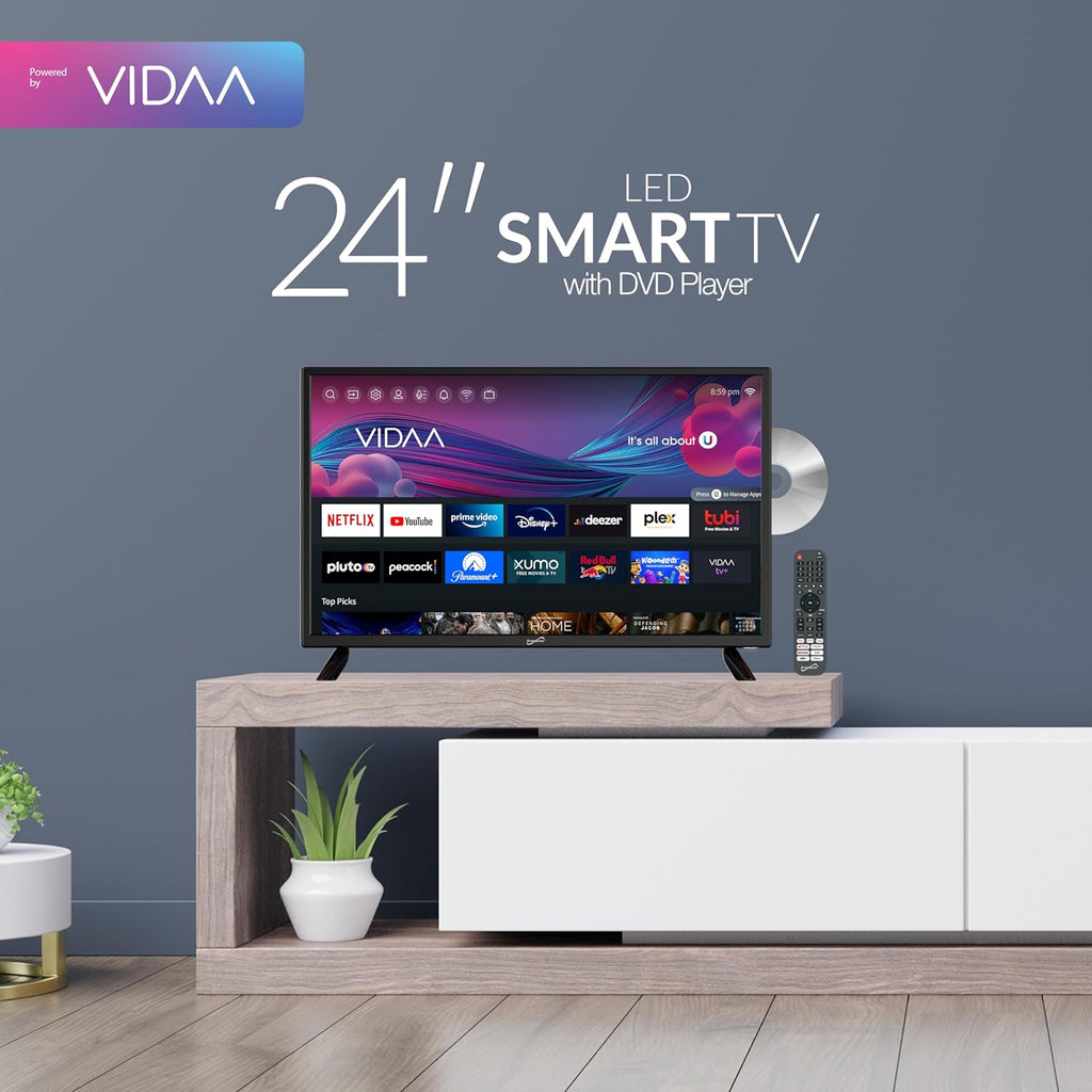 Supersonic SC-2426SDVD 24-inch LED Smart HDTV w/DVD Player  ATSC & NTSC System  3X HDMI  1080p  WiFi  USB  Multi Language OSD  AC/DC Compatible for Home  Kitchen  or RV Camper  DC Car Cord Included