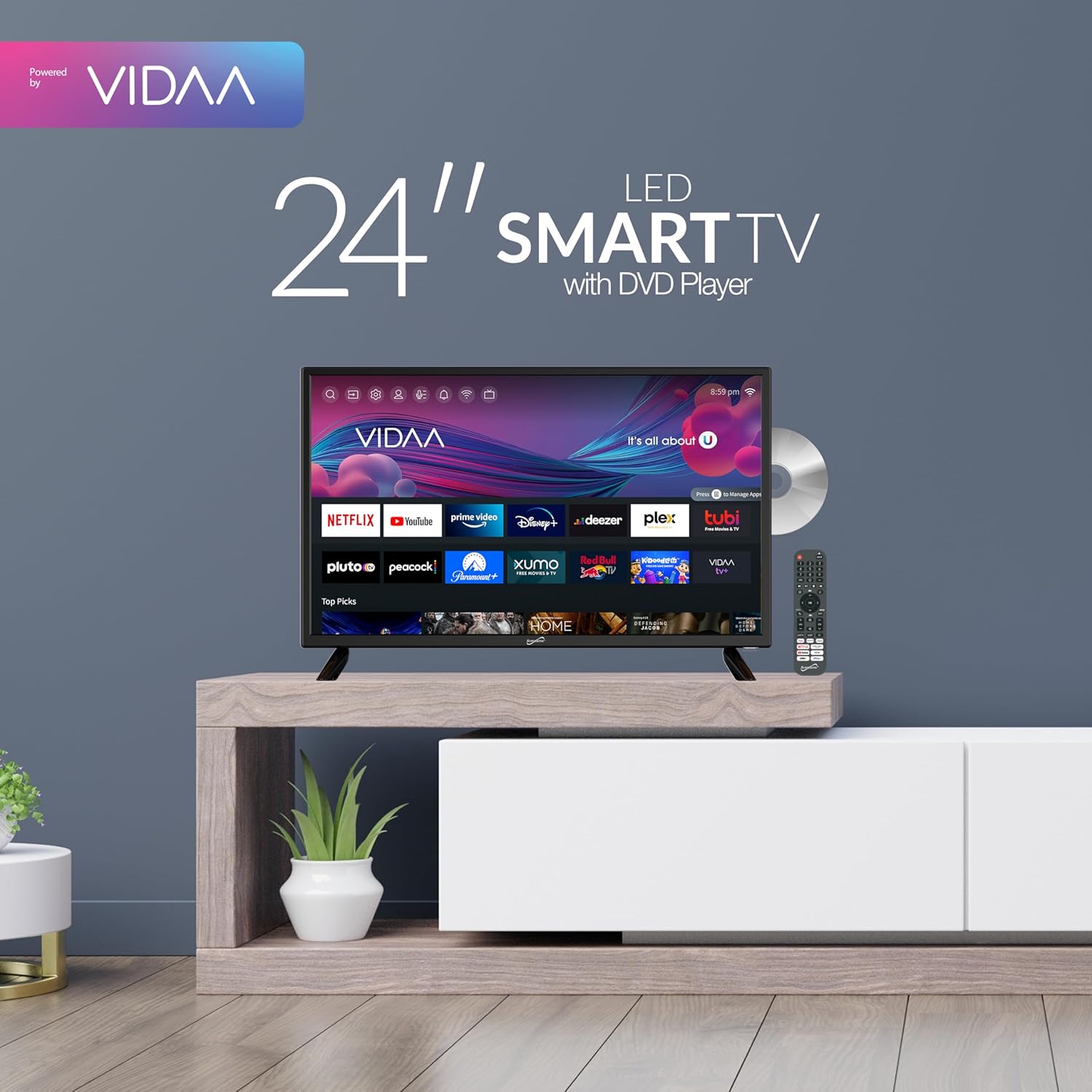 Supersonic SC-2426SDVD 24-inch LED Smart HDTV w/DVD Player  ATSC & NTSC System  3X HDMI  1080p  WiFi  USB  Multi Language OSD  AC/DC Compatible for Home  Kitchen  or RV Camper  DC Car Cord Included