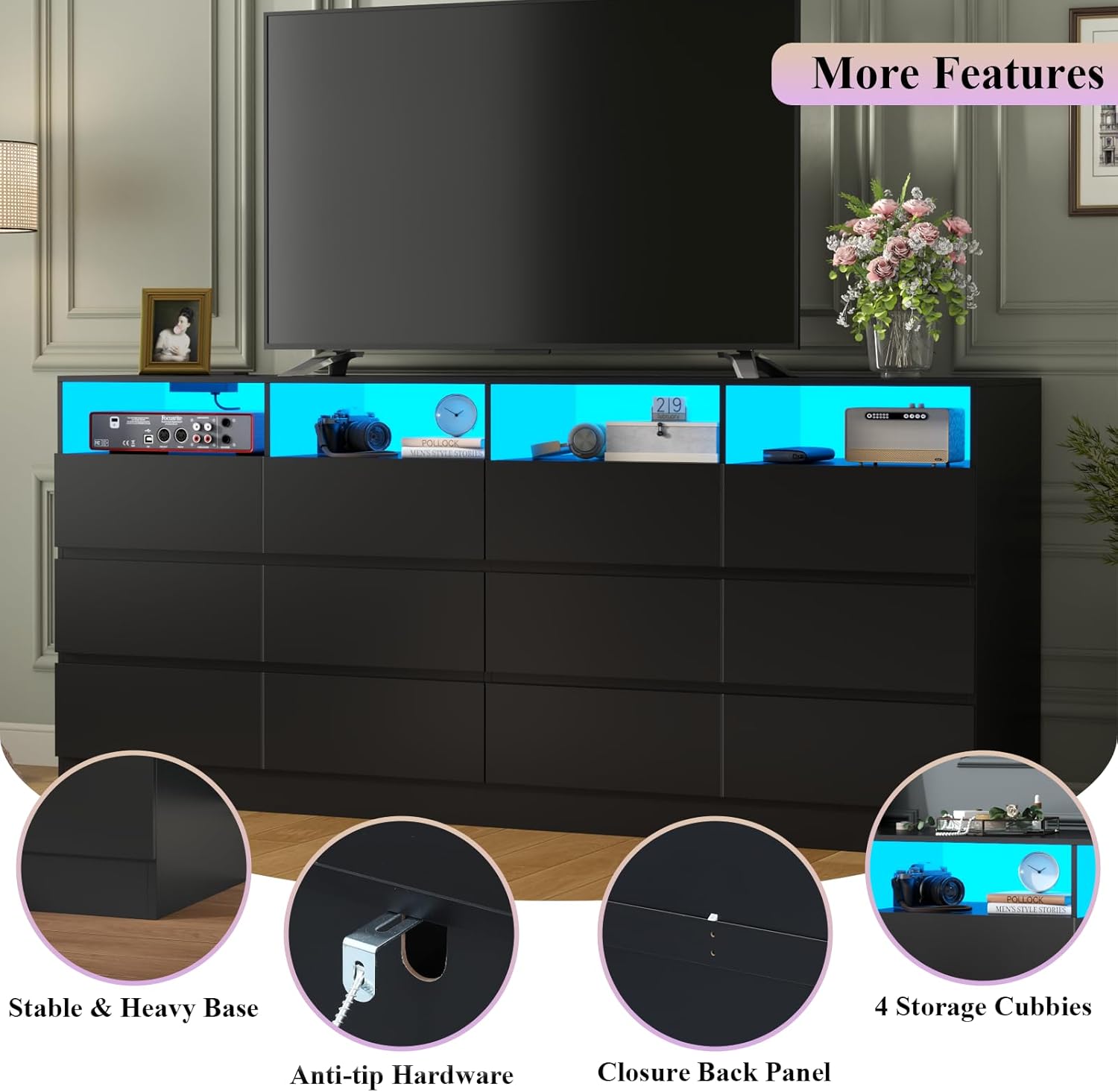 Loomie 12-Cell Divided Drawers Black Dresser with Charging Station & Led Lights for Bedroom, Long 63" Wide Dresser TV Stand for TVs up to 75", Large Dressers Organizer with 4 Open Cubbies