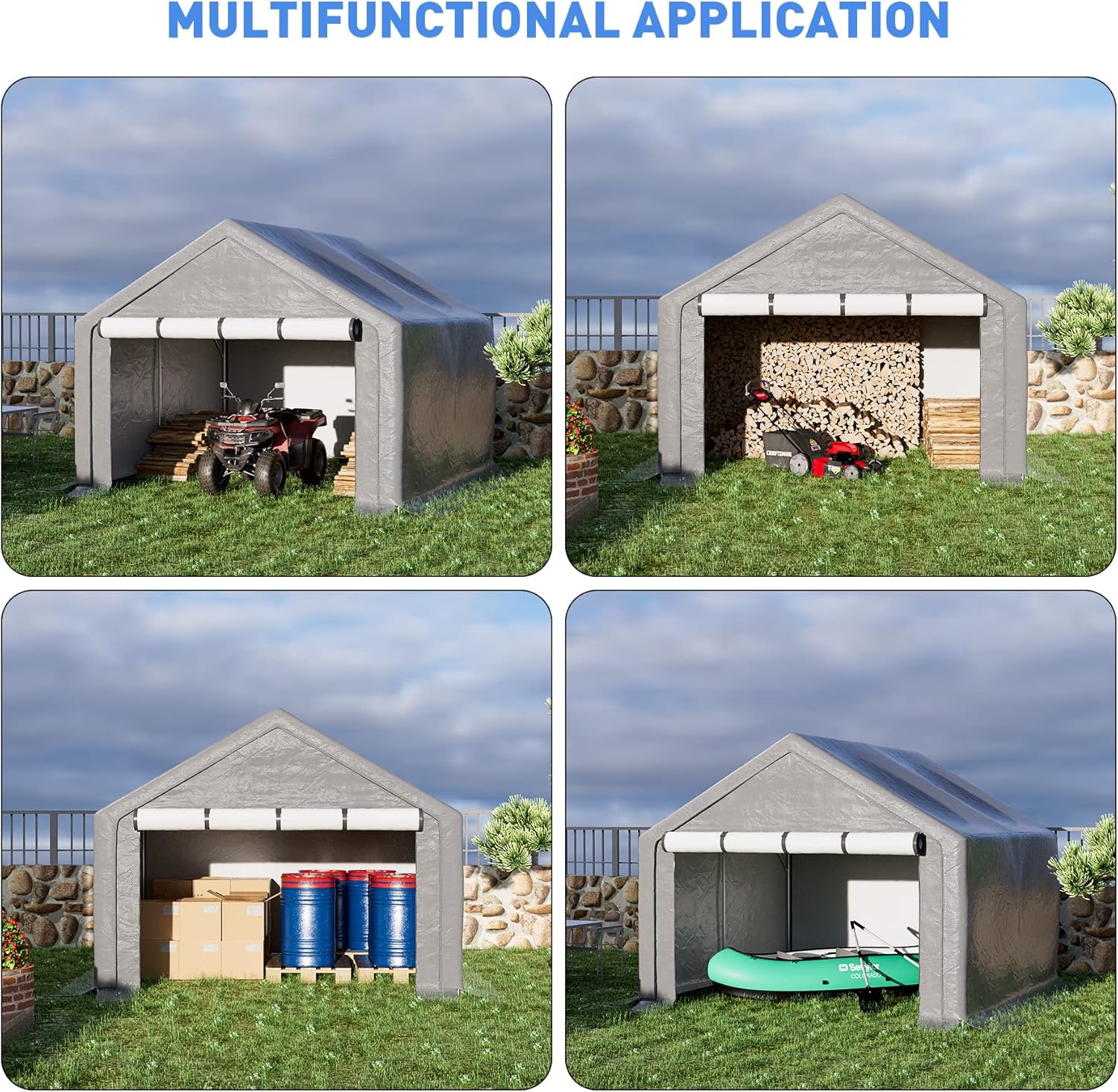 8x8 ft Outdoor Storage Shelter with Zipper Door, Portable Garages Shelters, Waterproof and UV Resistant Carport Shed for Bicycle, Motorcycle ATV, Lawn Mowers (8x8 FT)