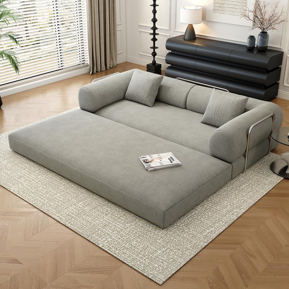 78.8" Modular Sofa Bed - 4-in-1 Convertible Design with Corduroy Fabric and High Density Sponge, Removable Cover and Fixed Frame