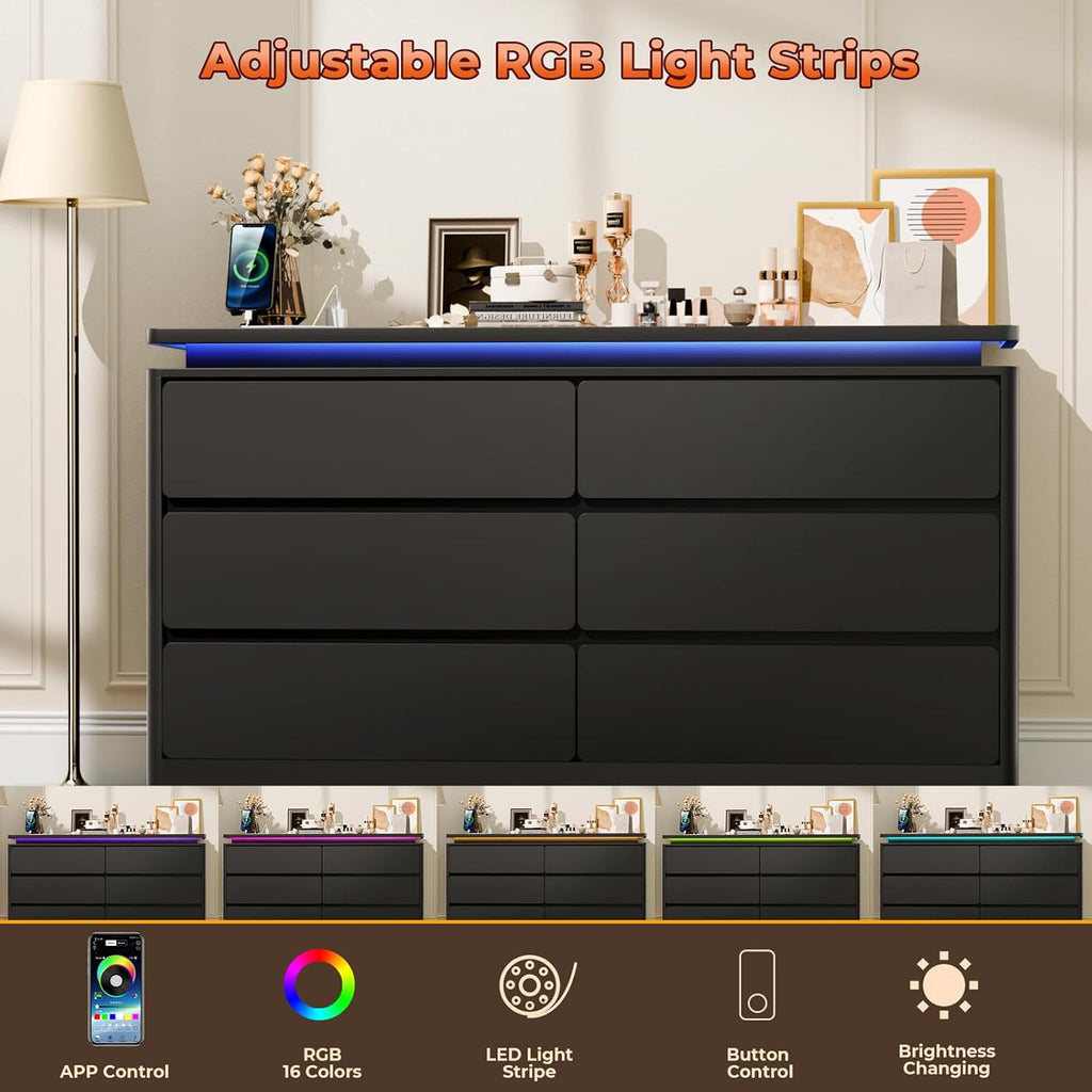 Loomie Upgraded 6 Drawer Black Dresser for Bedroom, 47.2" Long Chest of Drawers with Charging Station & LED Lights, Wooden Storage Cabinet Dresser for Closet,Modern TV Stand with Deep Drawers