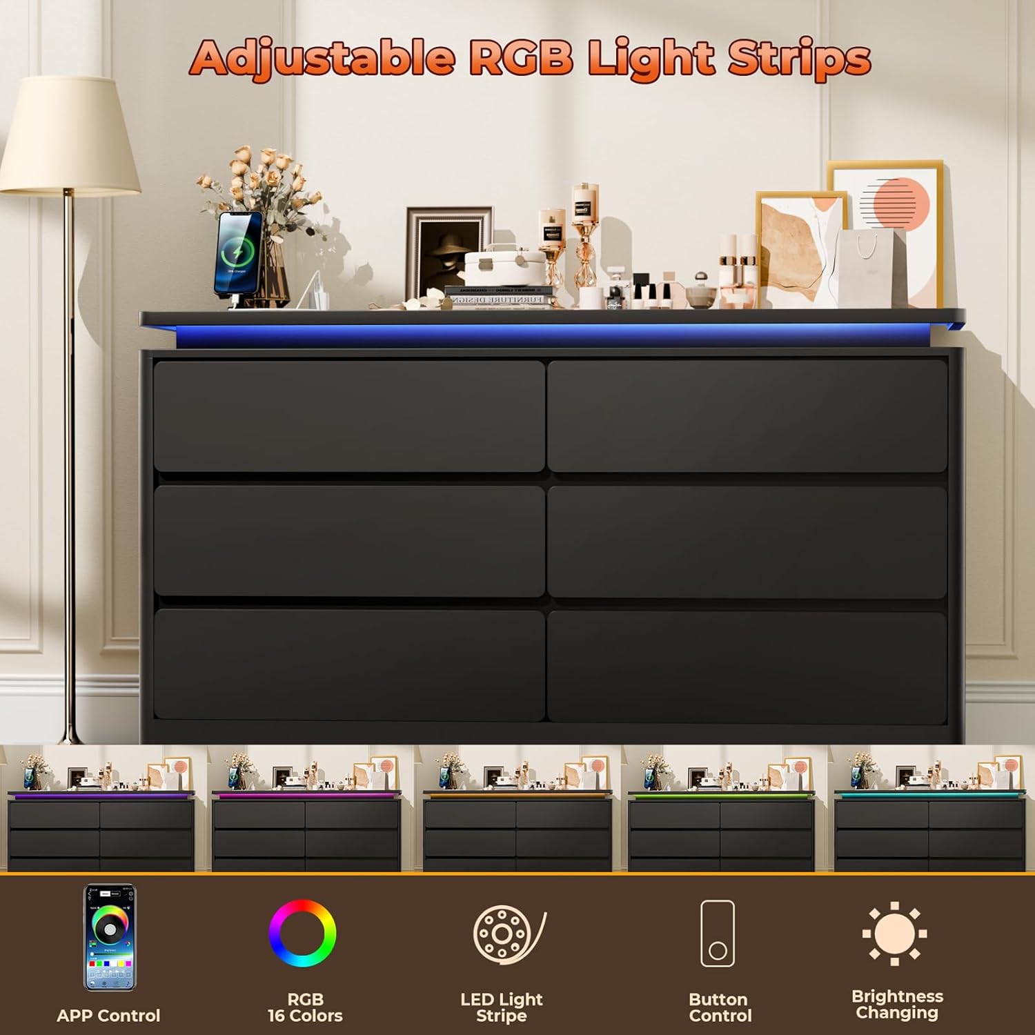 Loomie Upgraded 6 Drawer Black Dresser for Bedroom, 47.2" Long Chest of Drawers with Charging Station & LED Lights, Wooden Storage Cabinet Dresser for Closet,Modern TV Stand with Deep Drawers