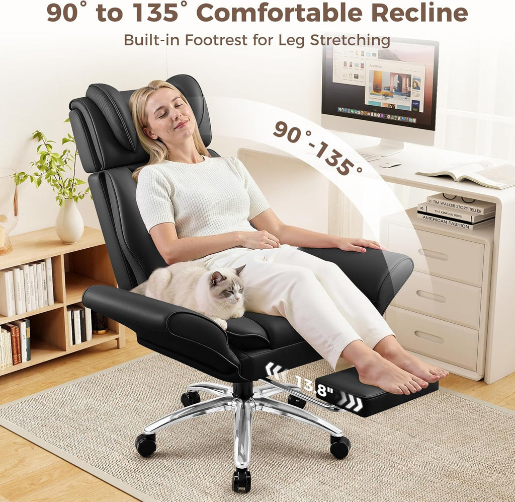 Big and Tall Office Chair, Flip Armrests for Pets & Cross Legged Sitting, Ergonomic Leather Executive Desk Chair with Foot Rest, High-Back Reclining Computer Chairs for Office Home Game - Black