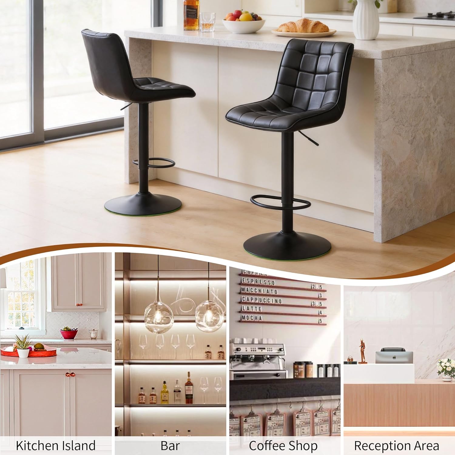 Bar Stools Set of 4, Adjustable Counter Height Bar Stools 24"-33", Modern Swivel Barstools with Backs, Black Kitchen Bar Chairs for Kitchen Island (Black, 4PCS)