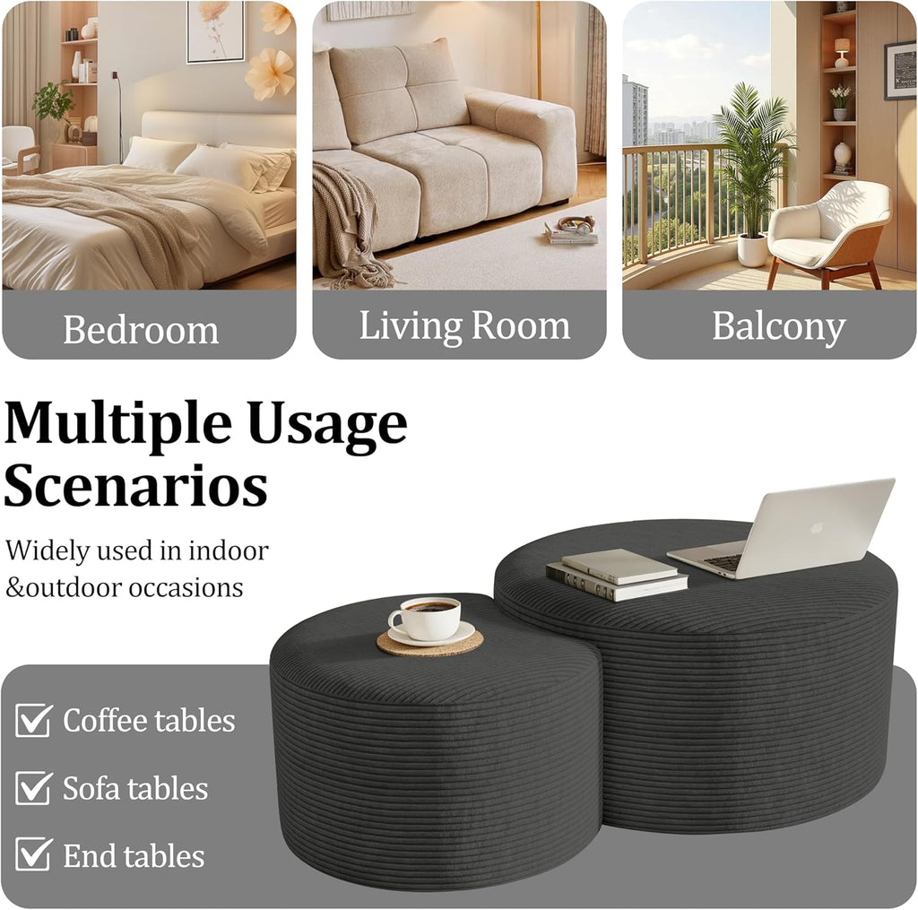 Round Nesting Coffee Table Set of 2,Upholstered Foam Ottoman Footrest Side Table Set,Modern Flannel Circle Coffee Table No Assembly for Living Room Entryway Bedroom,Grey