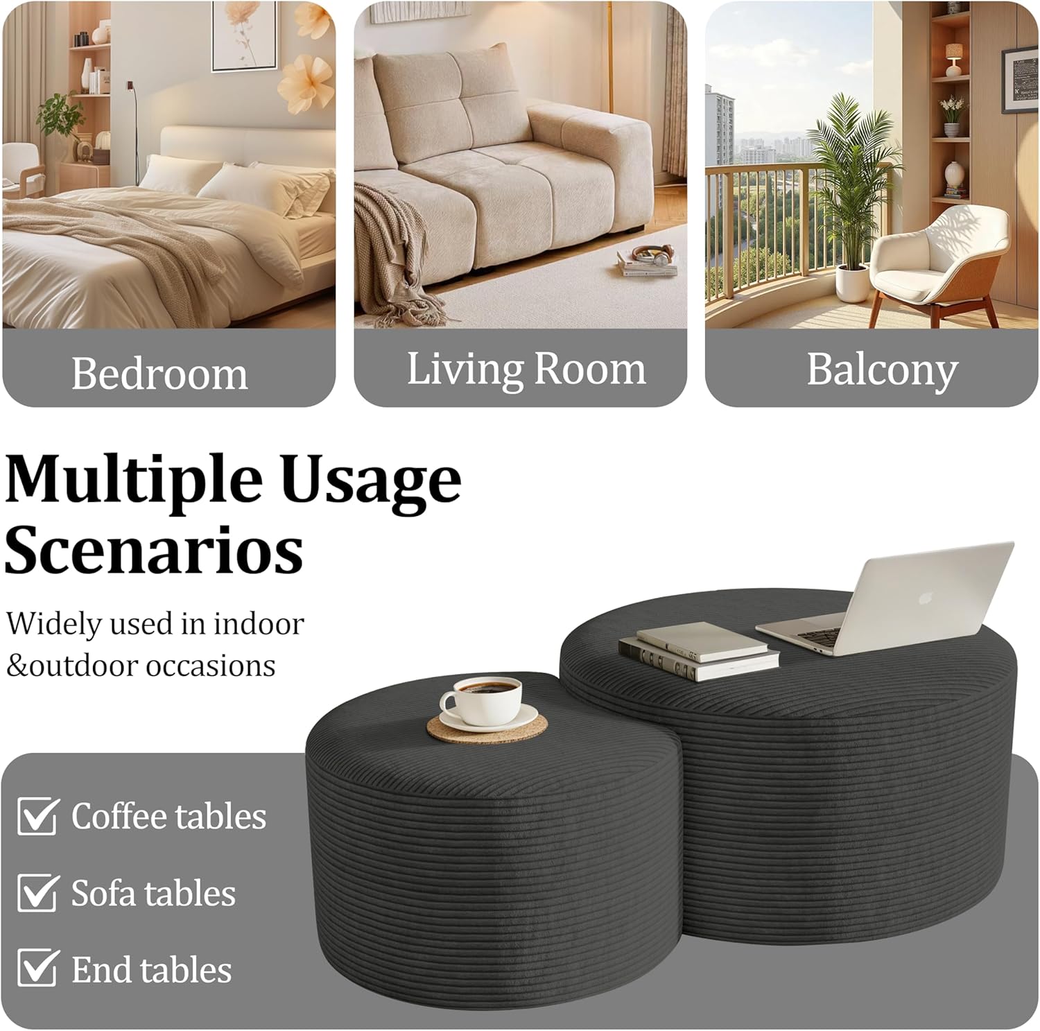 Round Nesting Coffee Table Set of 2,Upholstered Foam Ottoman Footrest Side Table Set,Modern Flannel Circle Coffee Table No Assembly for Living Room Entryway Bedroom,Grey