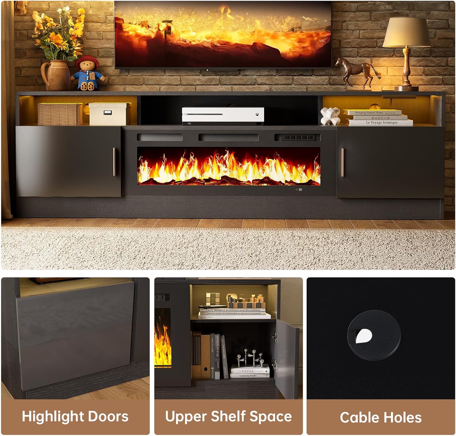 70" Fireplace TV Stand with Power Outlet for TVs UP to 80", Electric Fireplace Entertainment Center with LED Lights & Storage Cabinets, TV Console for Living Room, Office, Black-Black2