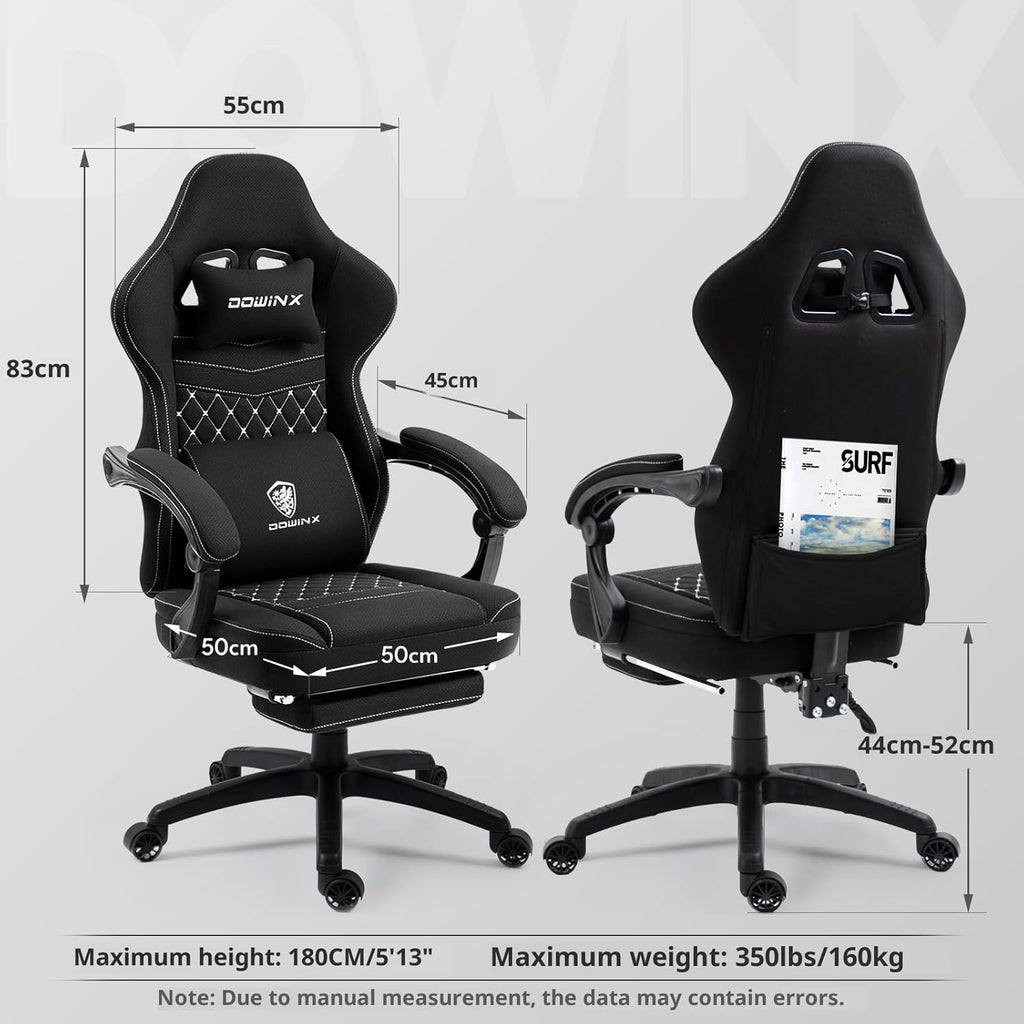 Dowinx Gaming Chair Breathable Fabric Game Chair with Gel Pad and Storage Bag, Comfortable Gamer Chair with Pocket Spring Cushion,Ergonomic Computer Chair with Footrest,Black