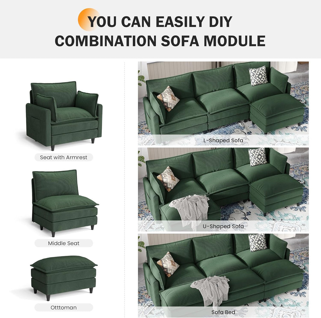 Apicizon 108" Cloud Couch Sectional, 3-Seat Deep Cloud Sofa with Ottoman, Modern U Shape Sectional Sofa Corduroy for Living Room, Apartment, Office, Green