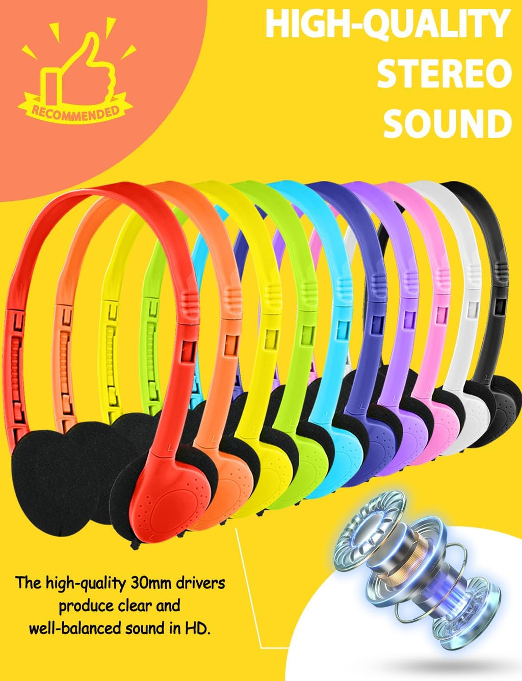 50 Pack Bulk Classroom Headphones for Kids Students School, Multi Color Wired Headphones for Children Teens Boy Girl, 3.5mm Jack for Chromebook Laptop PC