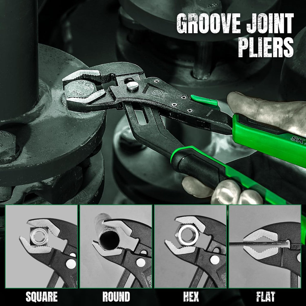 SK 5-Piece Pliers Set, 8" Adjustable Joint, 8", 10" and 12" Quick Adjust V-Jaw Groove Joint, 10" Pliers Wrench, Premium CR-V Construction, with EVA Foam Tool Organizer