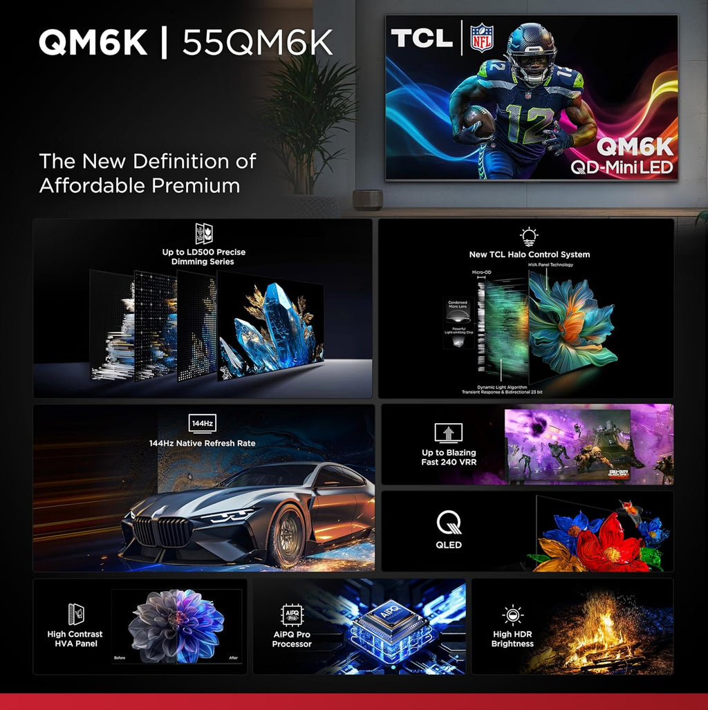 TCL 55 Inch Class QM6K Series | Mini LED QLED 4K HDR | 55QM6K  2025 Model | 120HZ-144HZ High Brightness Smart Google TV Dolby Atmos Onkyo Audio | Voice Remote Alexa Gaming Streaming Television