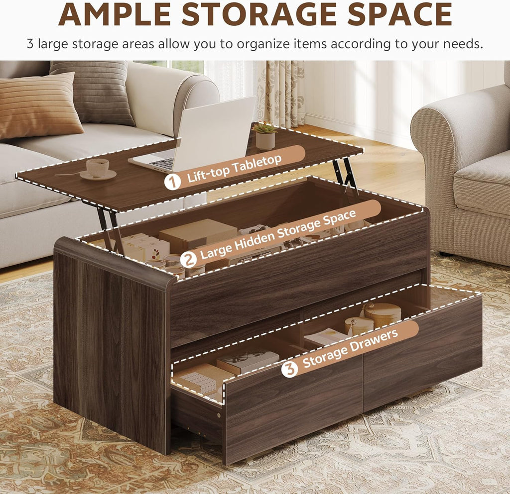 Coffee Table Lift Top with 2 Drawers, 40 Inch Multi-Function Coffee Table with Hidden Compartment, Curved Profile Design, Converts to Home Office Table for Living Room, Walnut