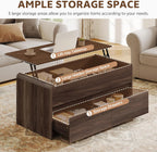 Coffee Table Lift Top with 2 Drawers, 40 Inch Multi-Function Coffee Table with Hidden Compartment, Curved Profile Design, Converts to Home Office Table for Living Room, Walnut
