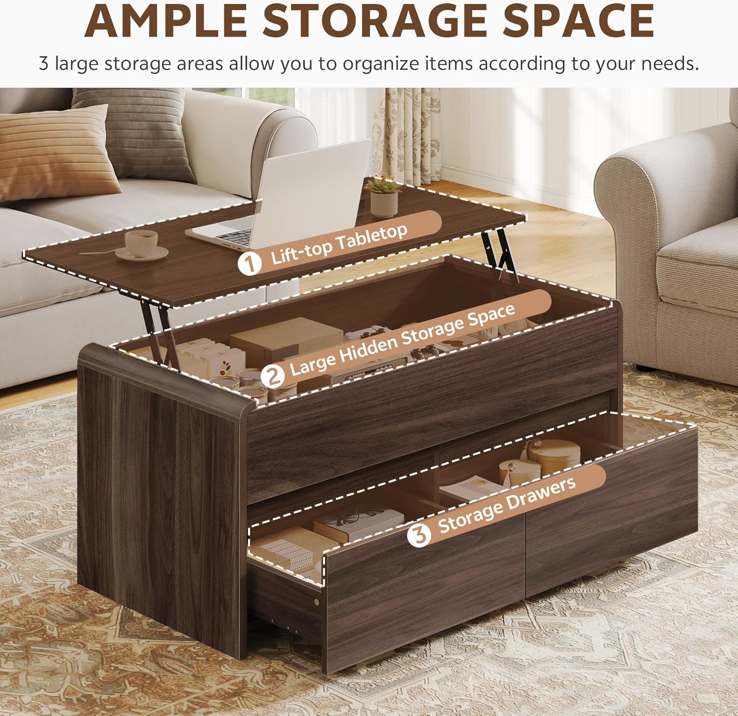 Coffee Table Lift Top with 2 Drawers, 40 Inch Multi-Function Coffee Table with Hidden Compartment, Curved Profile Design, Converts to Home Office Table for Living Room, Walnut