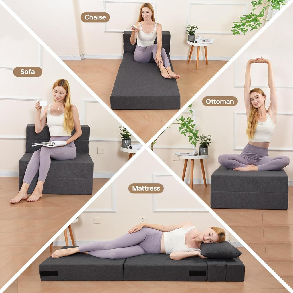 Fvkind Folding Sofa Bed, Foldable Sleeper Chair with Washable Cover, Convertible Futon Sofa Bed with Pillow, Fold Out Couch for Living Room, Dorm, Guest Room, Single Size, Dark Grey