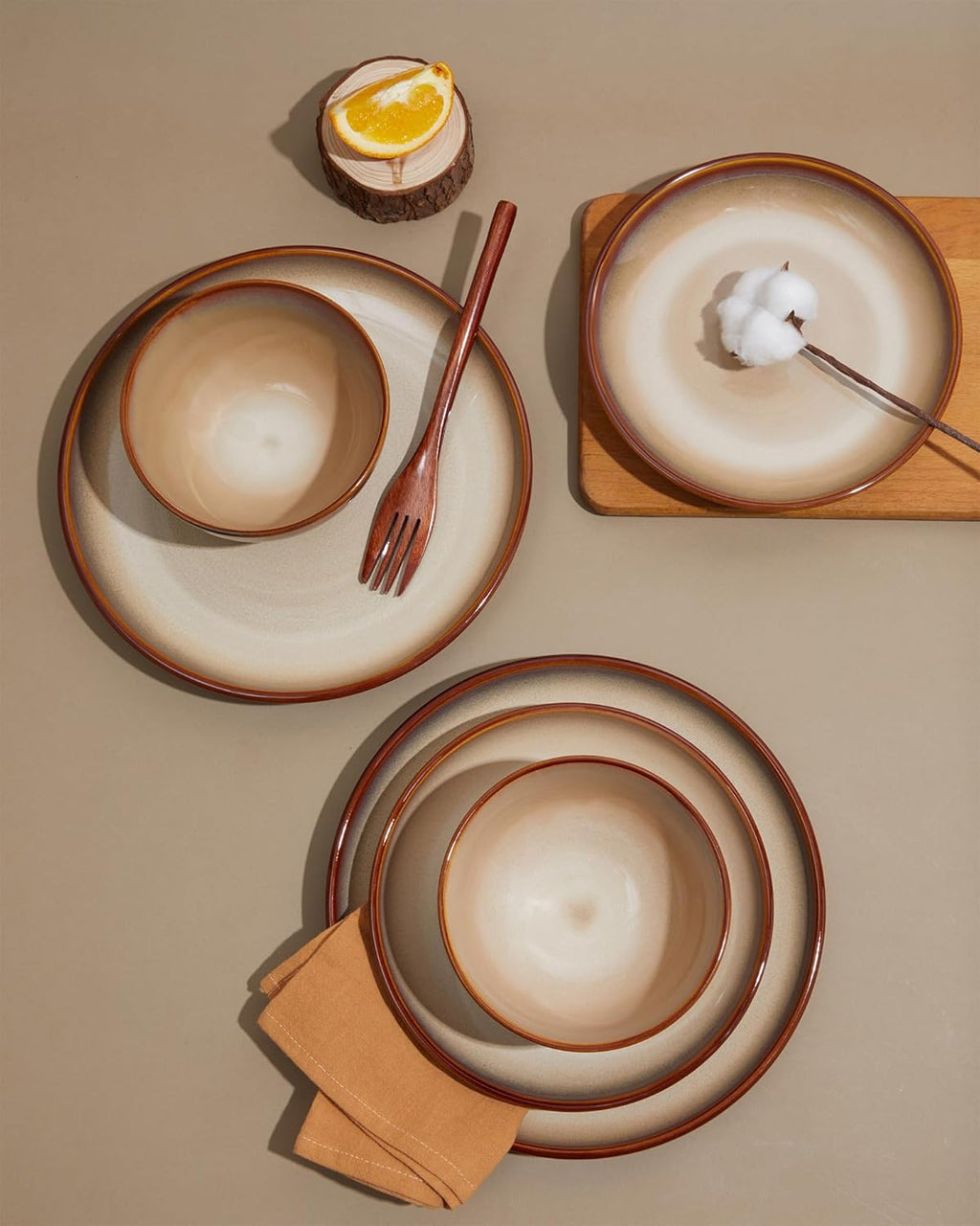 Pokini 16 Piece Double Bowl Plates and Bowls Sets, Ceramic Dinnerware Sets with Pasta Bowls, Dishwasher & Microwave Safe Dish Set, Scratch Resistant Stoneware Plate Set, Service for 4 Brown Yellow