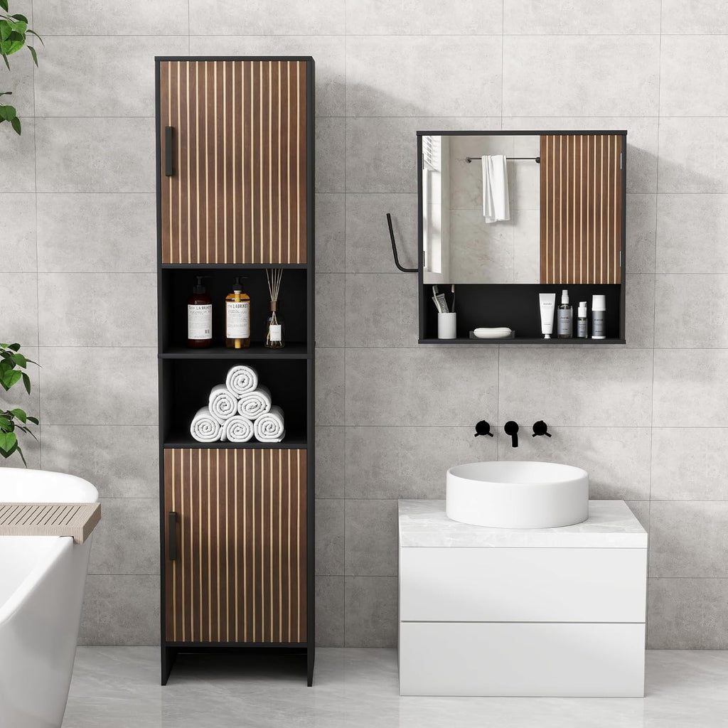 Tall Storage Cabinet, 13.15 Inch Narrow Bathroom Cabinet with USB Magnetic Light, Open Shelf, Magnetic Doors, 2 Adjustable Shelves, Anti-Tip Kit for Small Spaces, Living Room, Black, 57.1" H