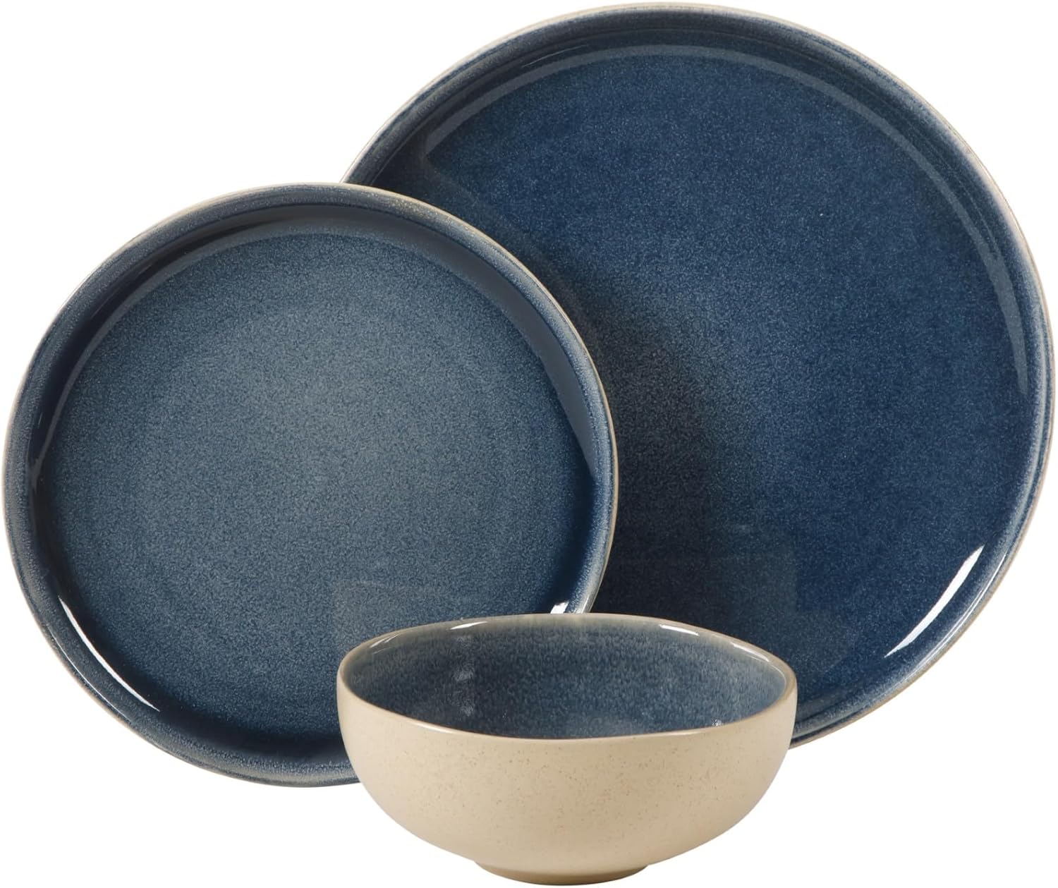 Gibson Elite Manila Bay 12-Piece Stoneware Dinnerware Set, Service for 4, Reactive Glaze Modern Artisan Plates, Bowls & Mugs, Blue, Round Design