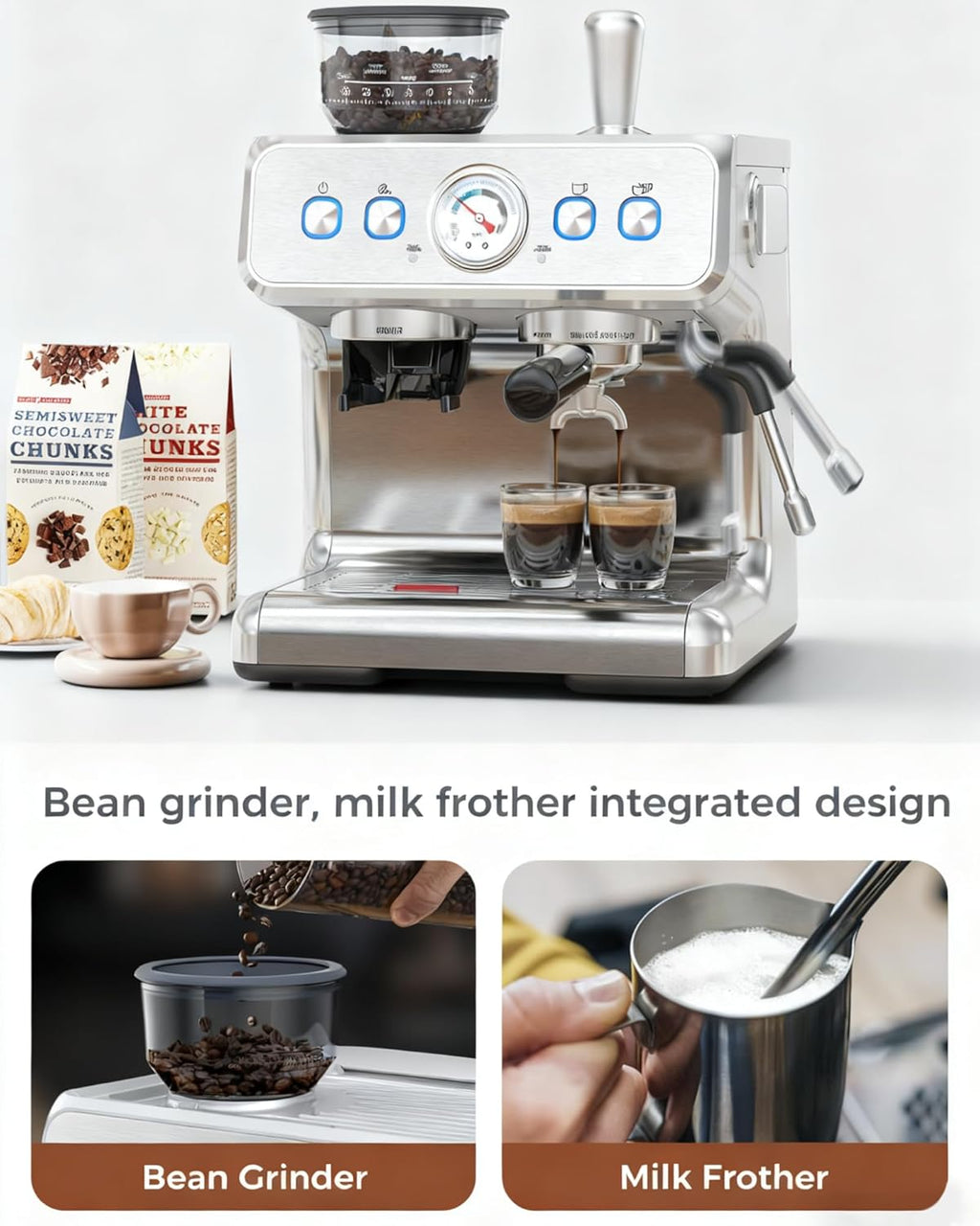 20 Bar Espresso Machine with Grinder & Milk Frother Steam Wand, 58mm Expresso Coffee machines, Stainless Steel Coffee Maker for Cappuccino and Latte, Perfect for Home and Café Use