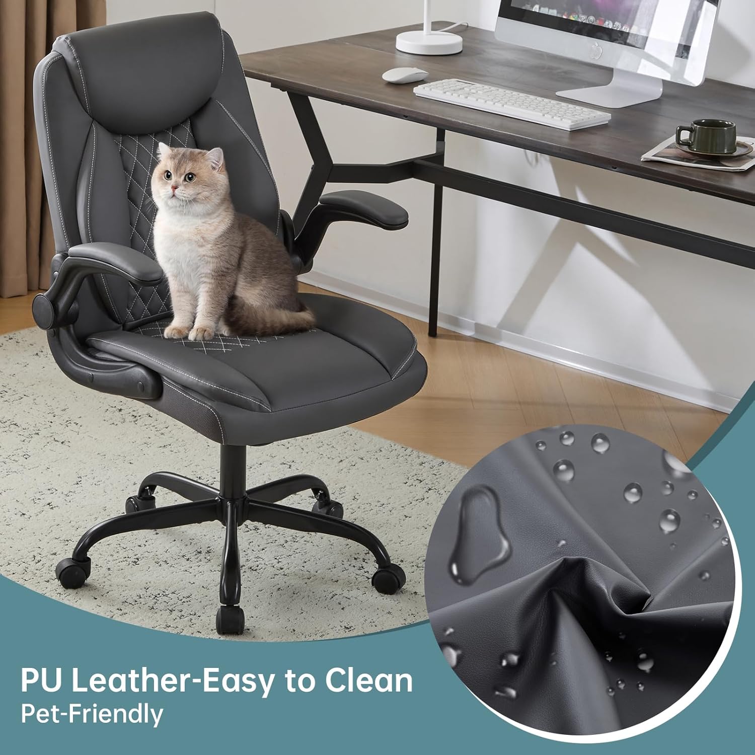 YFO Leather Office Chair, Ergonomic Home Office Desk Chair, Back Support Swivel Executive Office Chair with Wheels and Flip-Up Armrests, Small Gaming Chair with Adjustable Rocking Function, Grey