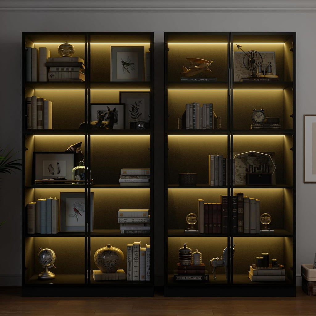 78.7" Display Cabinet with 4 Glass Doors, 5 -Tier Storage Cabinet with APP Control LED Lights, Tall Black Bookcase with Storage, Wooden Display Case for Collectible, Living Room, Office(Black)
