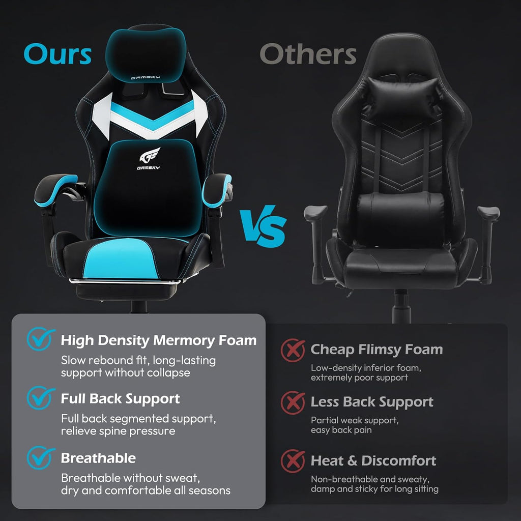 Ergonomic Gaming Chair for Adults with Footrest - Height Adjustable Reclining Gamer Chair 135° with Headrest and Lumbar Support, Comfy Video Game Computer Desk Chair for Home Office, Blue