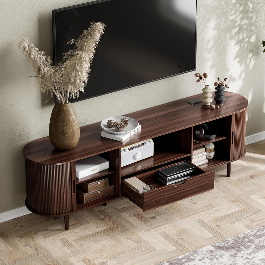 DHH 71" Fluted TV Stand with Power Outlet for TVs up to 80", TV Console with Adjustable Shelves and Sliding Door,Mid Century Modern Entertainment Center for Living Room,Bedroom (Walnut, 71Inch)