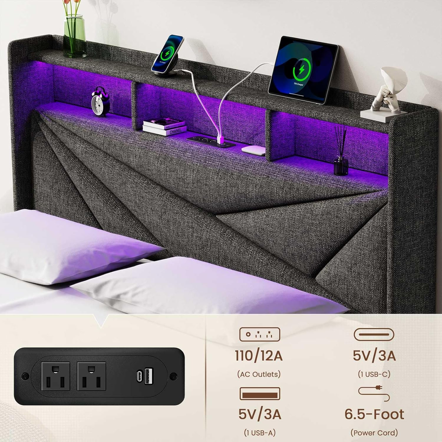 LED King Size Bed Frame with 2 Storage Drawers, Upholstered King Bed Frame with Headboard and Charging Station, No Box Spring Needed, Easy to Assembly-Dark Grey