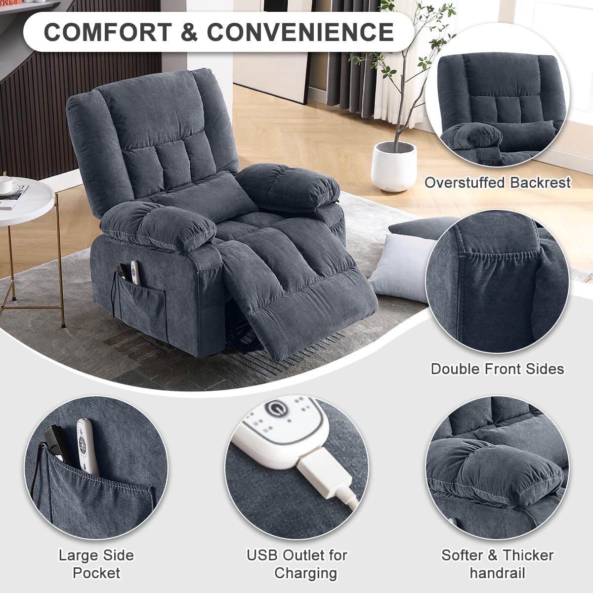 BOSMILLER Power Lift Recliner Chair with Massage and Heat for Elderly,Electric Recliner Single Sofa with Footrest,Side Pocket and USB Charge Port for Living Room