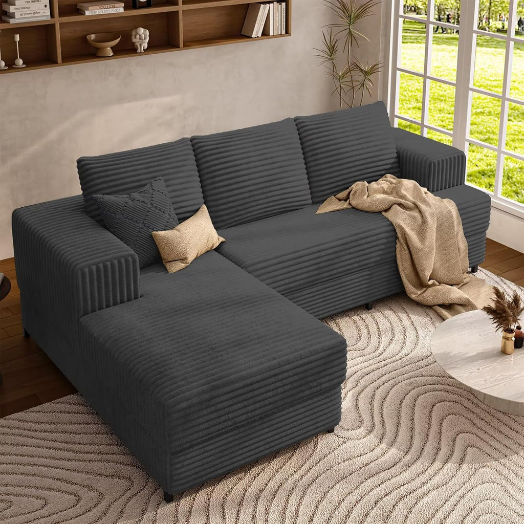106" Cloud Sectional Sofa with Chaise Lounge, Modular L Shaped Couch with Iron Frame, Modern Fluffy Corduroy Couches for Living Room, Bedroom, Office, Left Facing Chaise, Gray