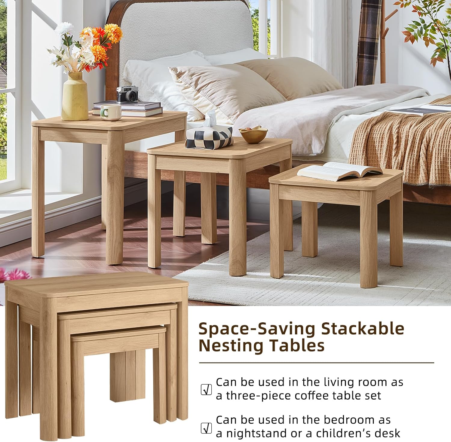 Joaxswe Farmhouse Nesting Tables Set of 3, Living Room Table Set with Rounded Corners & 4 Thickened Table Legs, Natural Wood