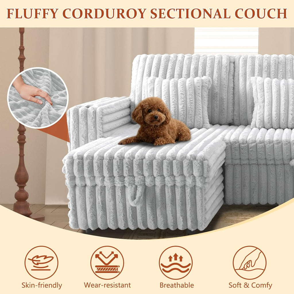 124" Sectional Sleeper Sofa with Pull Out Bed, Comfy Fluffy Plush Corduroy Cloud Sectional Couches for Living Room, U Shaped Modular Couch with Storage Chaise, Cup Holder & USB Charger, Grey