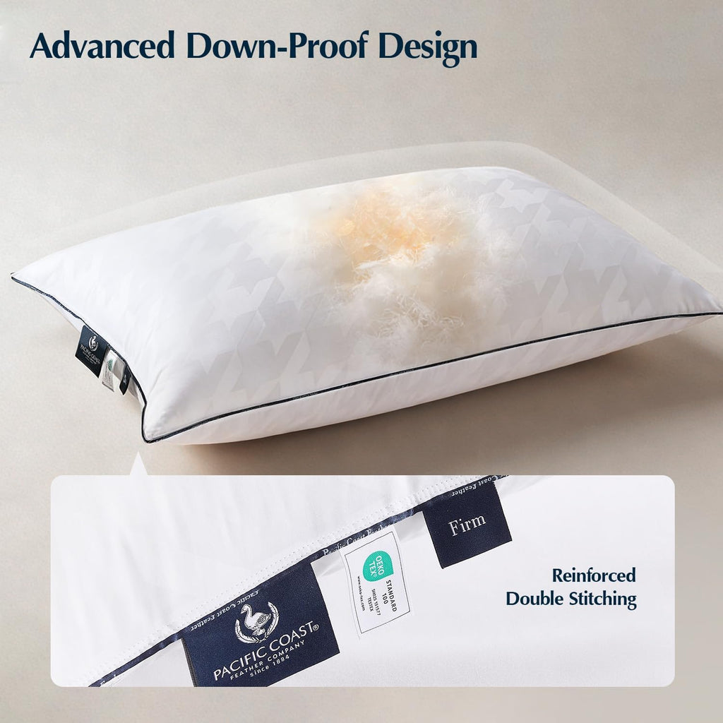 Pacific Coast Down Pillow, Extra Support for Side Sleepers, Firm Supportive, White Goose Down Bed Pillow, 650 Fill Power, 450 Thread Count 100% Jacquard Cotton Shell, Luxury, Queen Size, 1 Pack