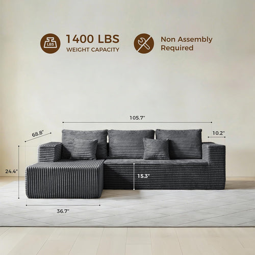 106" Corduroy Boneless Modular Sectional Sofa, Cloud-Louch Deep Seat Sofa with Left Chaise for Living Room & Bedroom（L-Shaped Left Hand Facing ）