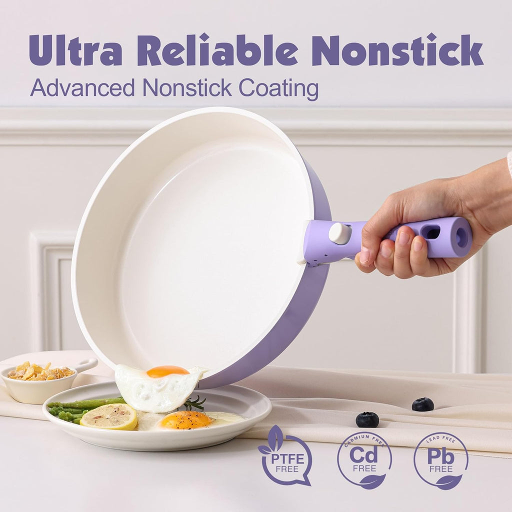 SENSARTE 17 Piece Ceramic Pots and Pans Set, Nonstick Detachable Handle Cookware, Induction Kitchen Cookware Set with Removable Handle, Dishwasher ＆ Oven Safe (Purple)