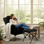 Welnow Lazy Chair with Ottoman, Modern Accent Chair with Armrests and a Side Pocket, Leisure Sofa Armchair Set, Reading Armchair with Footrest for Small Space, Black