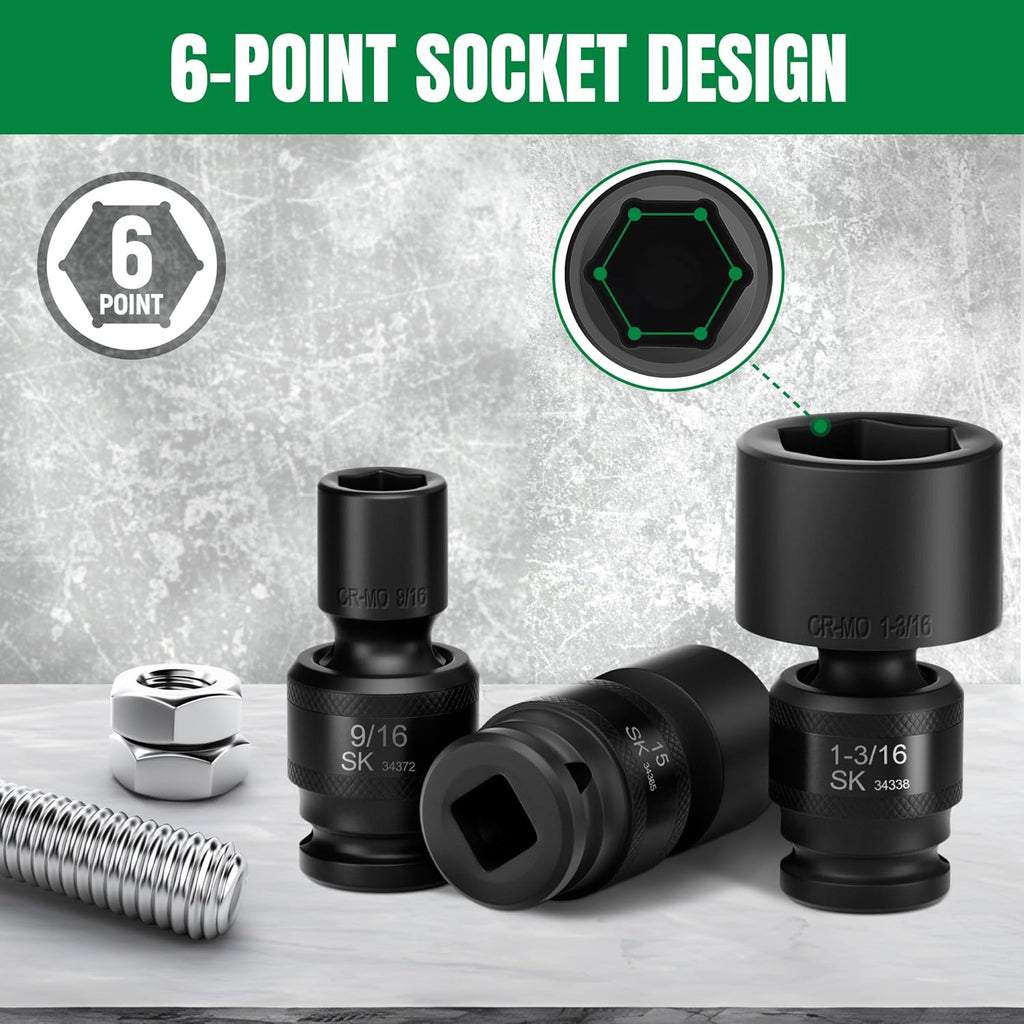 SK 1/2" Drive Universal Swivel Impact Socket Set, SAE Socket Set, 13-Piece, Premium CR-MO Steel, SureGrip 6 Point Design, with Storage Case